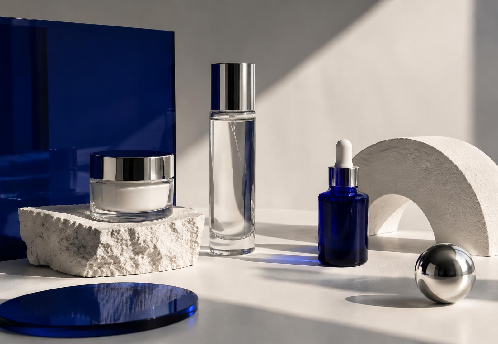 Premium skincare vessels arranged with cobalt blue glass and sculptural forms