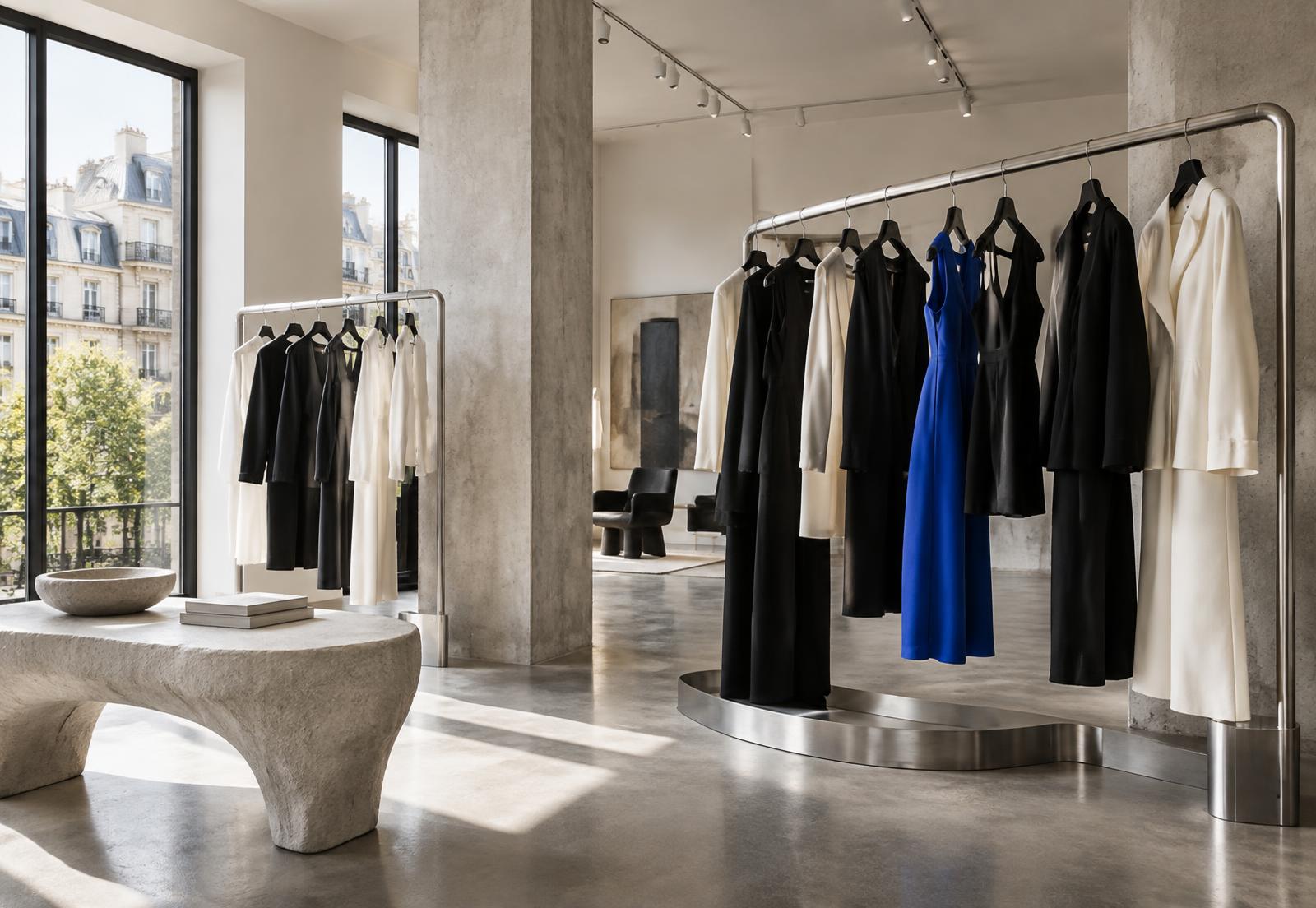 Contemporary Paris fashion showroom with black, ivory and blue garments
